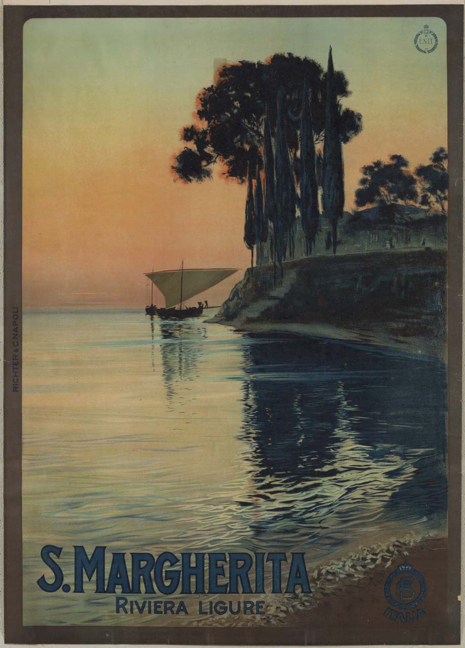 alcuni uomini al tramonto sbarcano del materiale da una battana da pesca attraccata ad un pontile a Santa Margherita Ligure (manifesto) - ambito italiano (sec. XX)