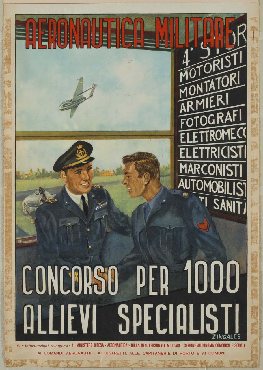 due figure maschili in uniforme si salutano e si stringono la mano, mentre un aereo sullo sfondo sta atterrando (manifesto) di Zingales Gaetano (prima metà sec. XX)