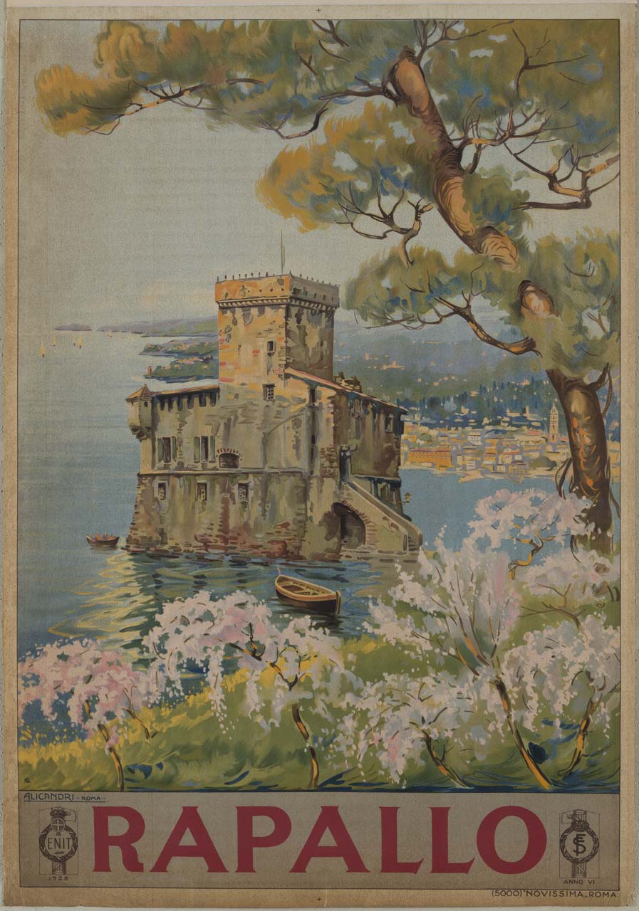 il castello di Rapallo posizionato sull'omonimo golfo; nell'acqua alcune barche a remi e sullo sfondo il paese (manifesto) di Alicandri Vincenzo - ambito italiano (sec. XX)