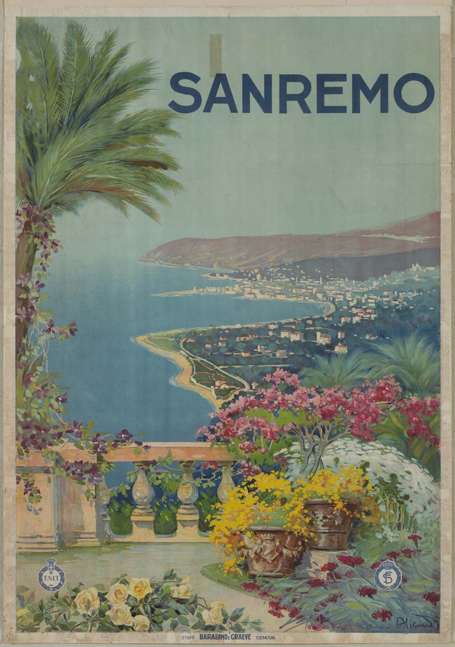 terrazza ricca di fiori, piante e palme con balaustra in pietra si affaccia sulla città di Sanremo (manifesto) di Alicandri Vincenzo (sec. XX)