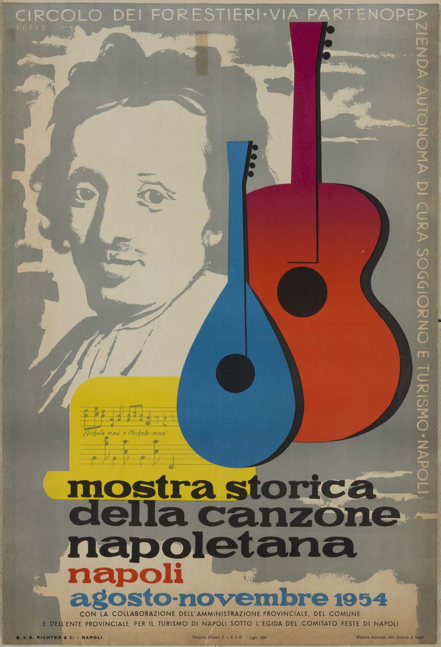 particolare di dipinto con autoritratto di Salvator Rosa, partitura musicale con note e testo, chitarra e mandolino (manifesto) di Puppo Mario (sec. XX)