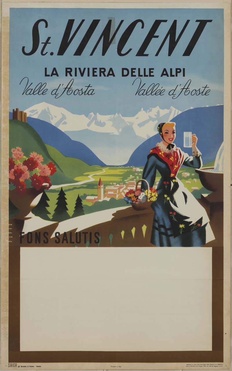 donna in costume tradizionale beve acqua su terrazza che affaccia su vallata alpina (manifesto) di Puppo Mario (sec. XX)