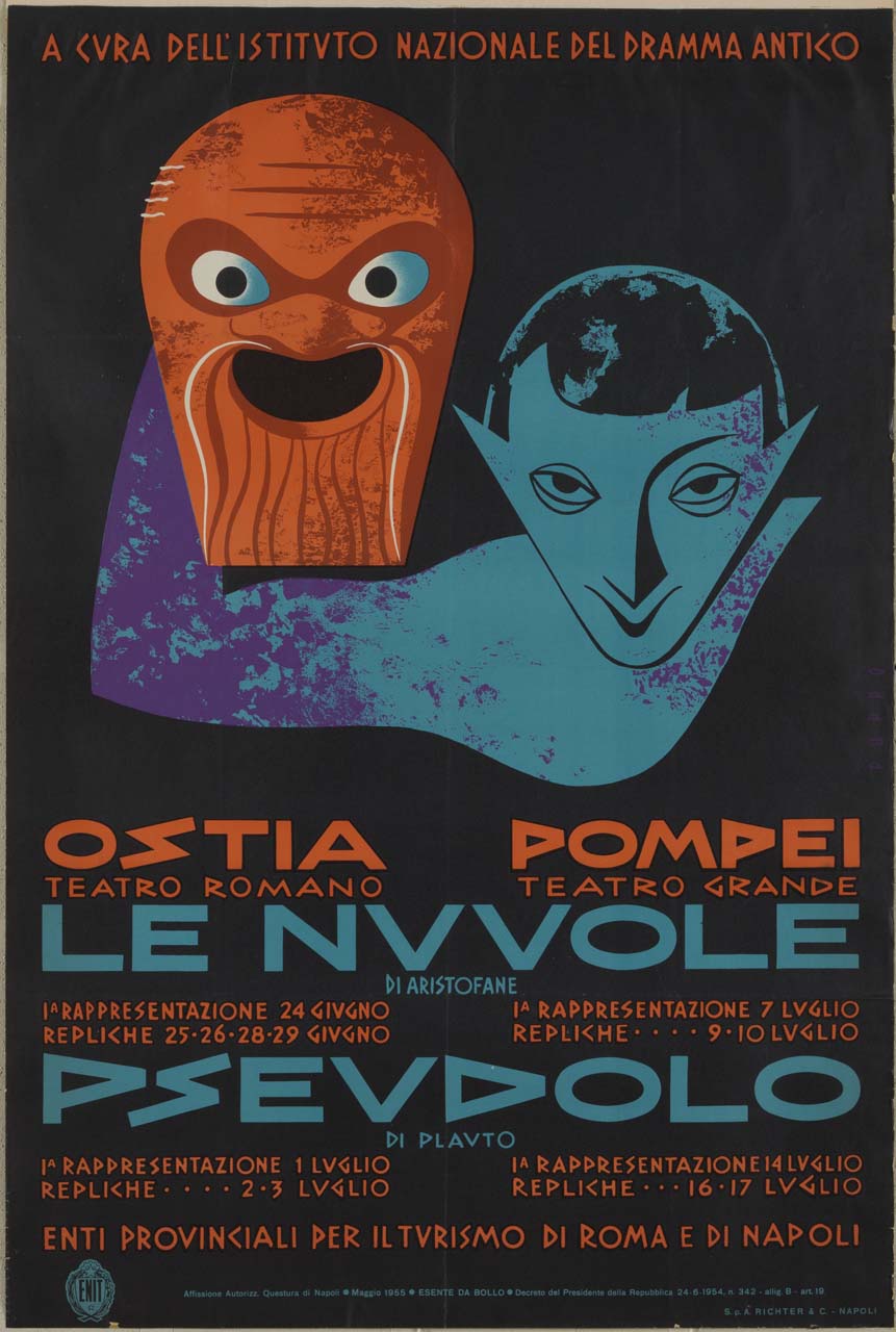 un attore tiene sollevata a lato del viso una maschera comica del teatro dell'antica Roma (manifesto) di Puppo Mario (sec. XX)