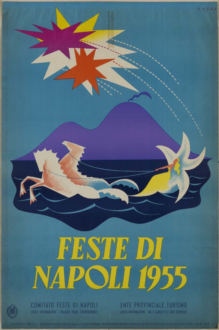 cavalli marini trainano una donna in abito da sera adagiata su stella marina; Vesuvio sullo sfondo e stelle comete di vari colori nel cielo (manifesto) di Puppo Mario (sec. XX)