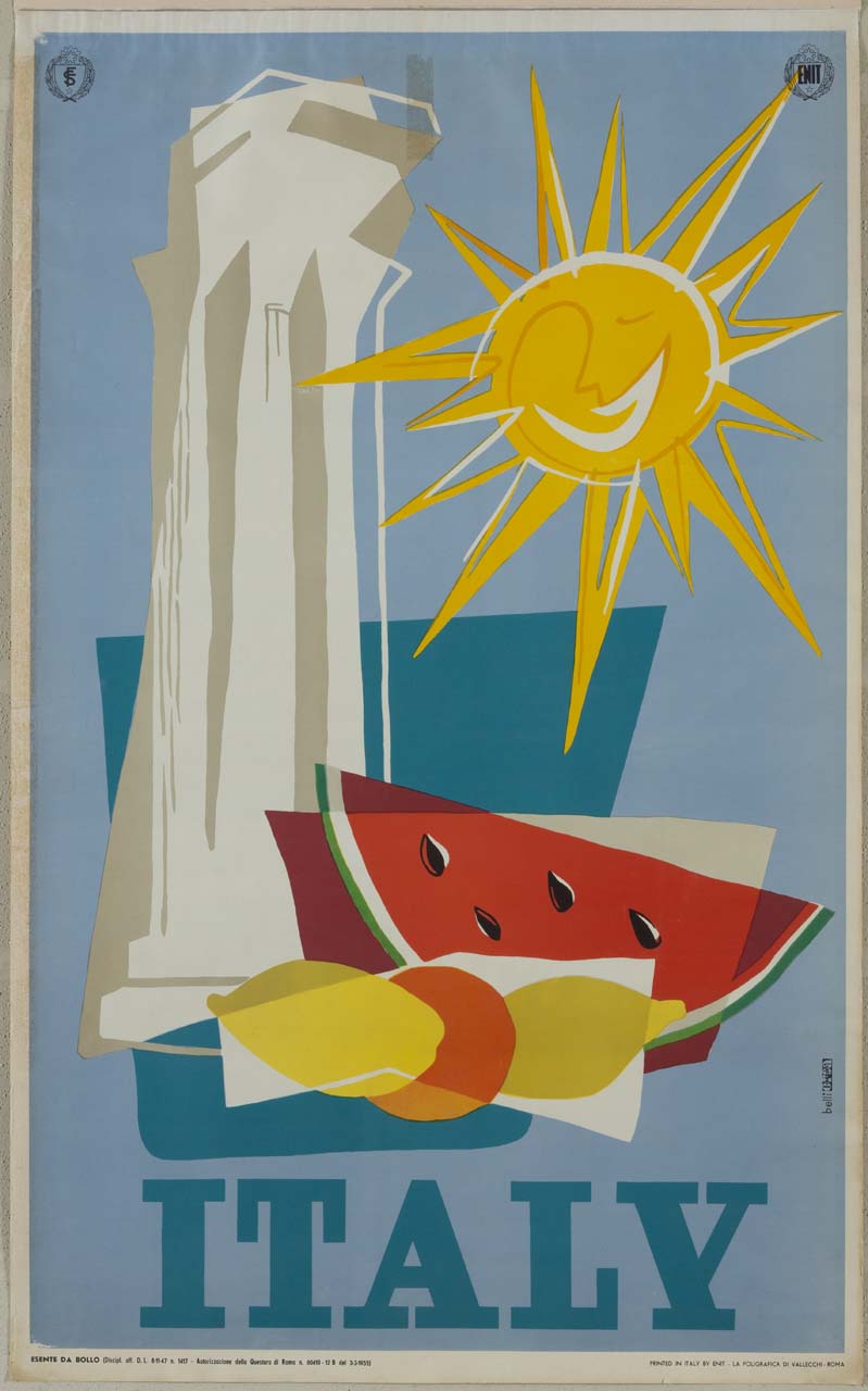disegno di una colonna, del sole animato e di frutta (manifesto) di Studio Orsa (sec. XX)