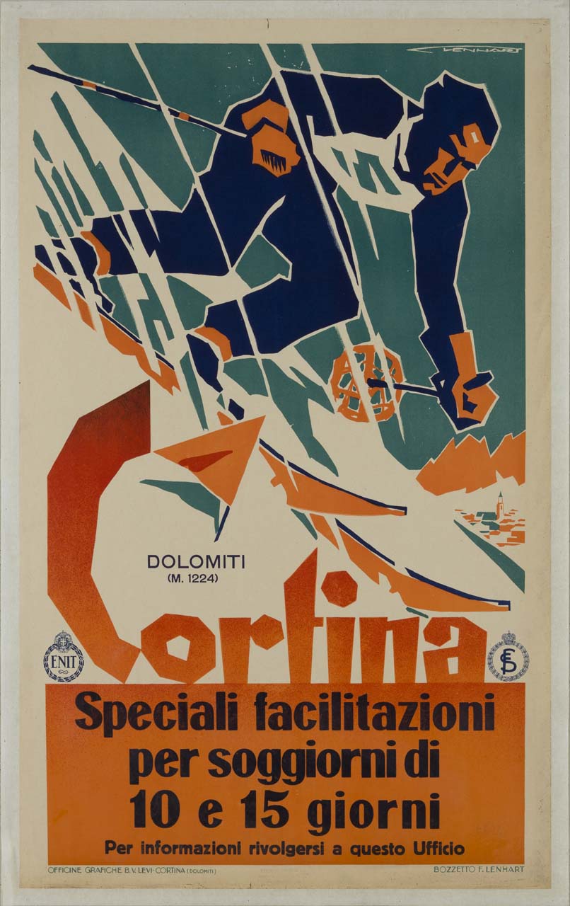 immagine stilizzata di uno sciatore in discesa su una pista innevata; sullo sfondo il paese di Cortina d'Ampezzo dominato dal massiccio delle Tofane (manifesto) di Lenhart Franz (sec. XX)