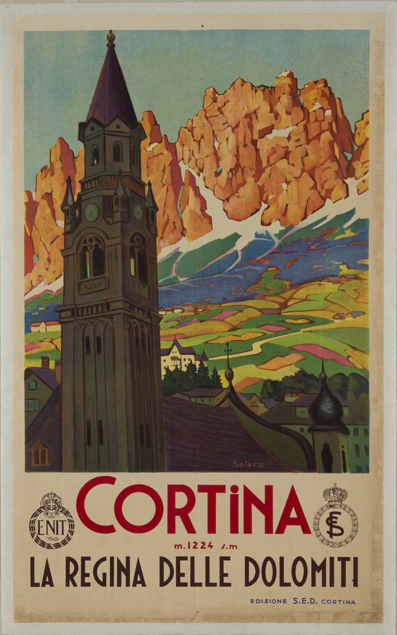 campanile della Basilica dei Santi Filippo e Giacomo; sullo sfondo il massiccio delle Tofane (manifesto) di Solero Pio (sec. XX)