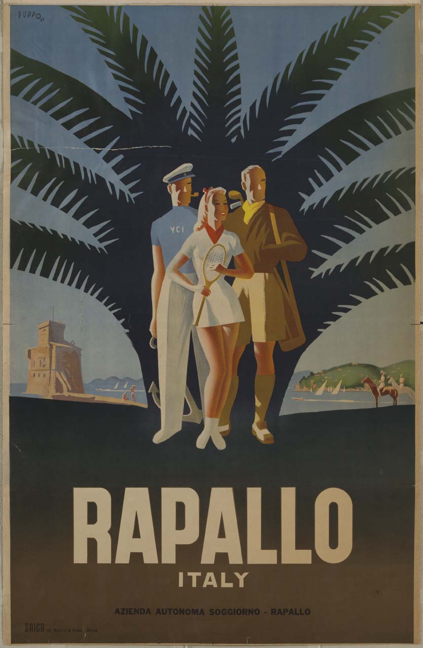 tennista, golfista e marinaio con palma, castello, mare e barche a vela (manifesto) di Puppo Mario (sec. XX)