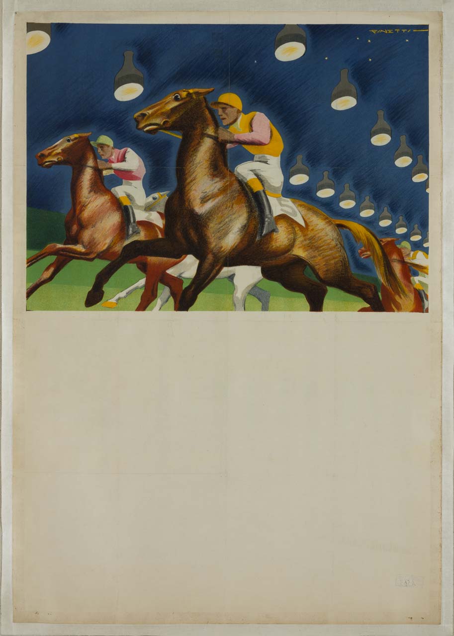 fantini su cavalli al galoppo (manifesto) di De Finetti Gino (sec. XX)