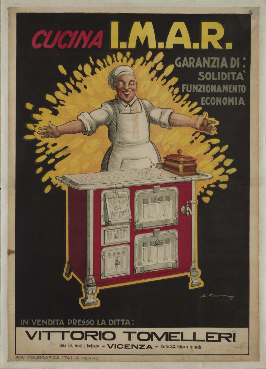 cuoco sorridente a braccia aperte con cucina (manifesto) di De Finetti Gino (sec. XX)
