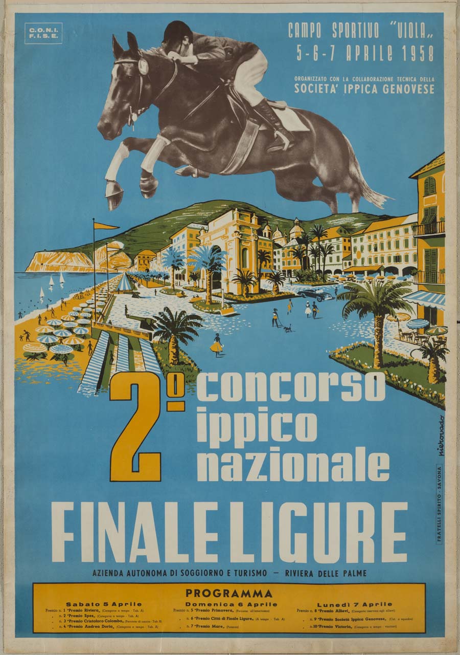fantino su cavallo in salto su lungomare di Finale Ligure (manifesto) di Vado Piero (sec. XX)