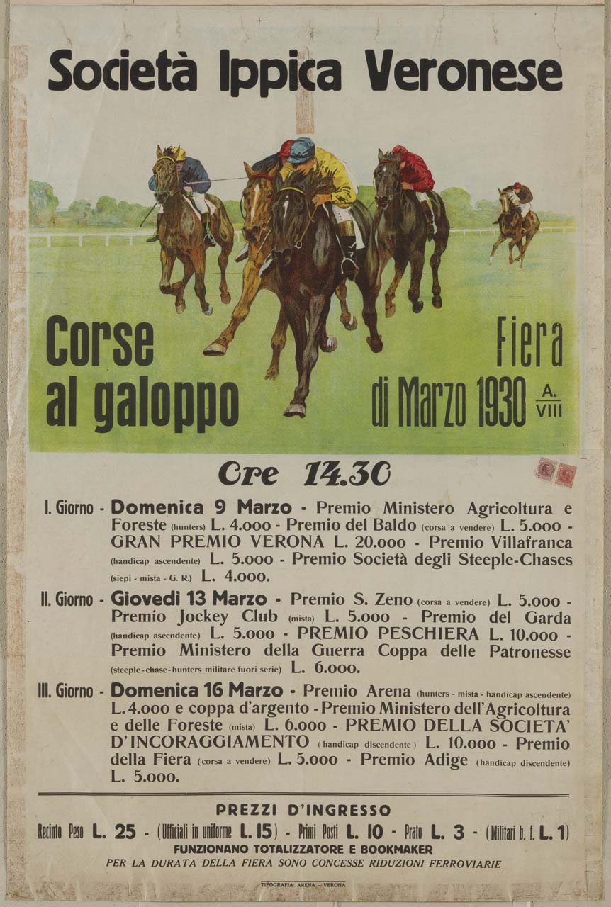 fantini al galoppo in ippodromo (manifesto) - ambito italiano (sec. XX)