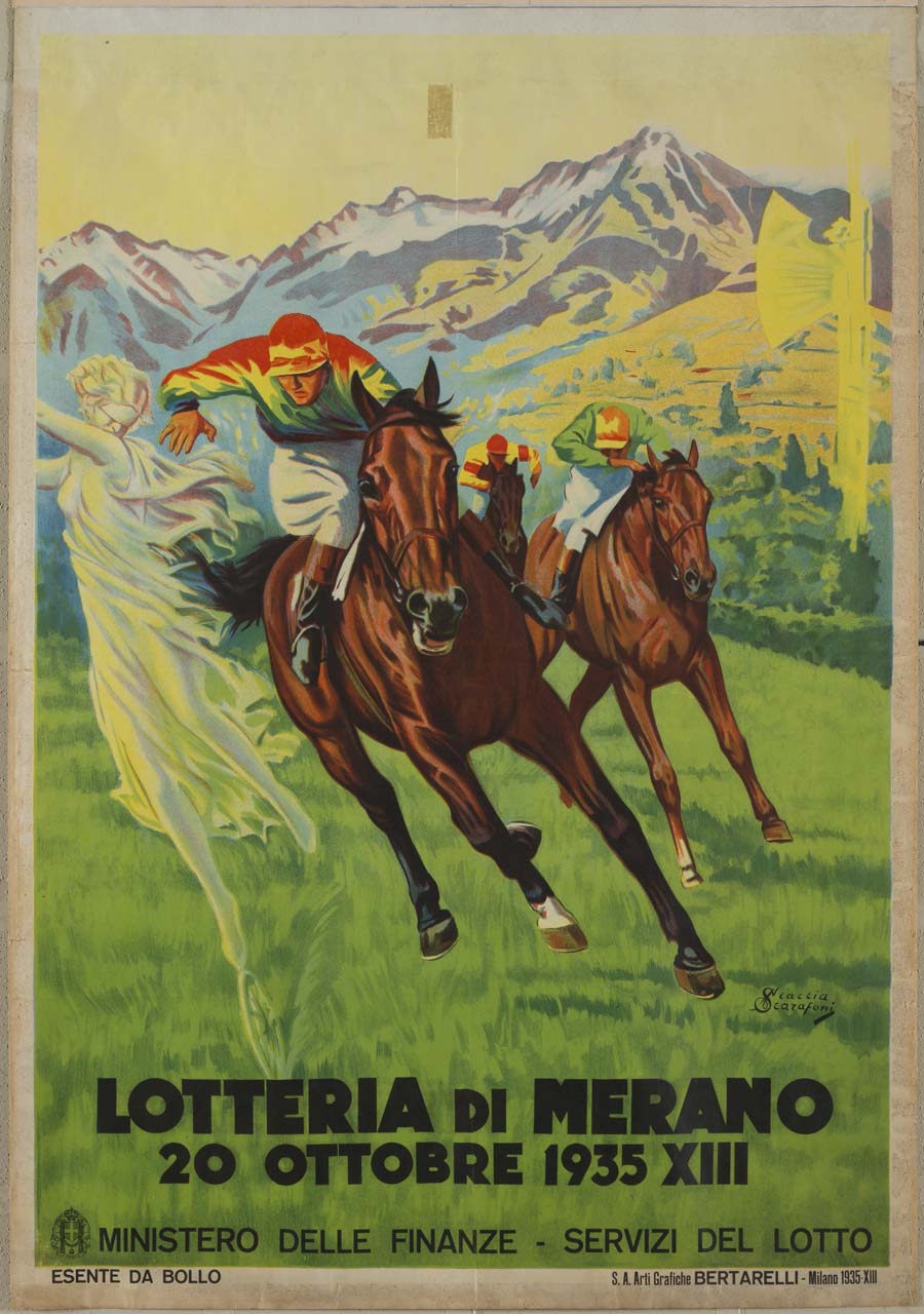 fantini al galoppo rincorrono dea bendata; fascio littorio giallo (manifesto) di Scaccia Scarafoni Arduino (sec. XX)