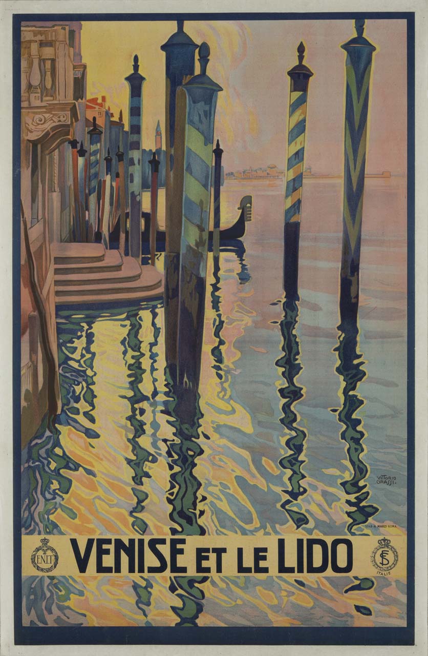 palione in laguna per l'attracco delle gondole di fronte ad un palazzo; sullo sfondo il Lido e l'isola di Pellestrina (manifesto) di Grassi Vittorio (sec. XX)