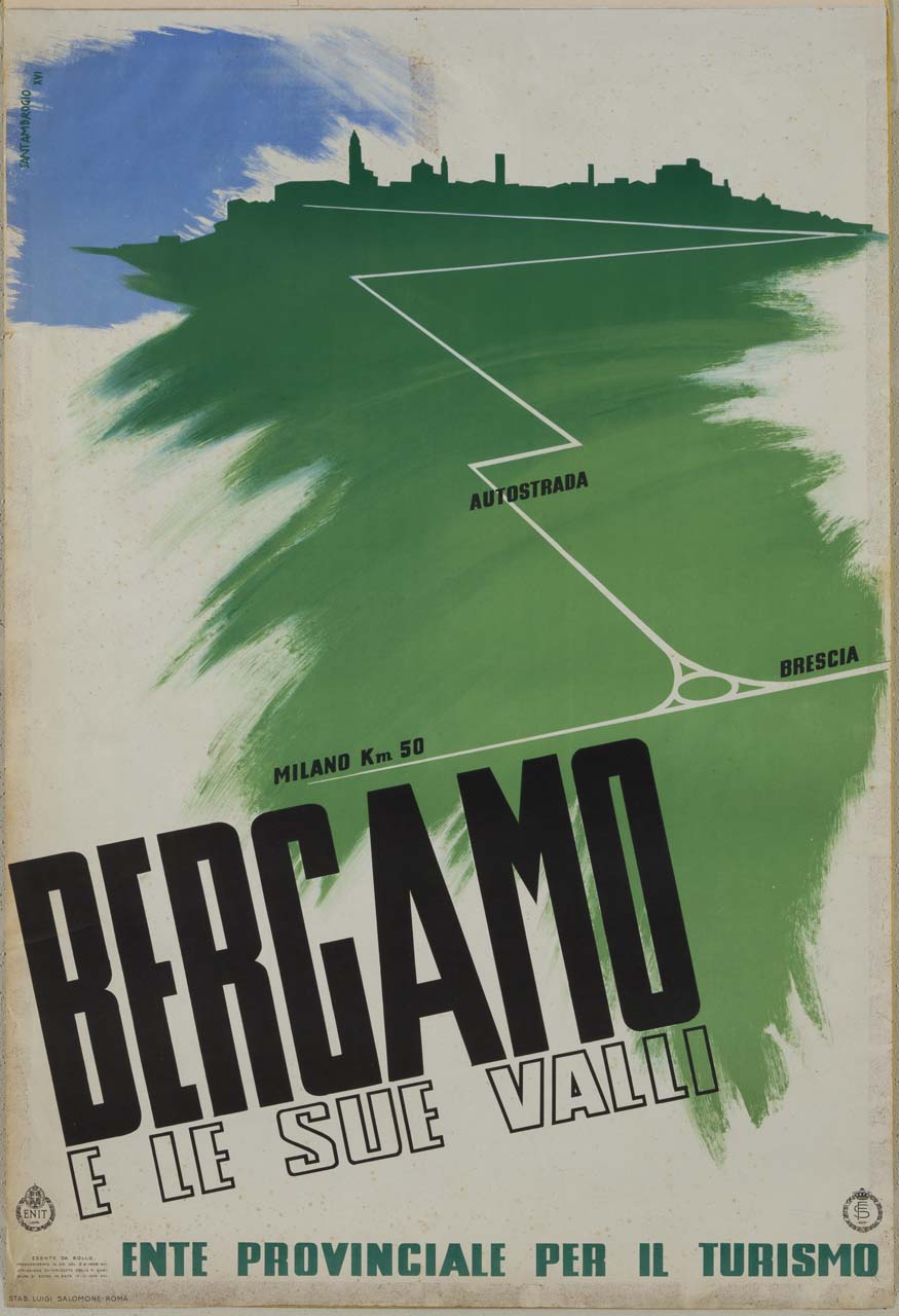 tragitto stilizzato dell'autostrada A4 che collega Milano a Brescia, passando per Bergamo, il cui nucleo storico, Bergamo Alta, definisce lo skyline in lontananza (manifesto) di Santambrogio Diego (sec. XX)