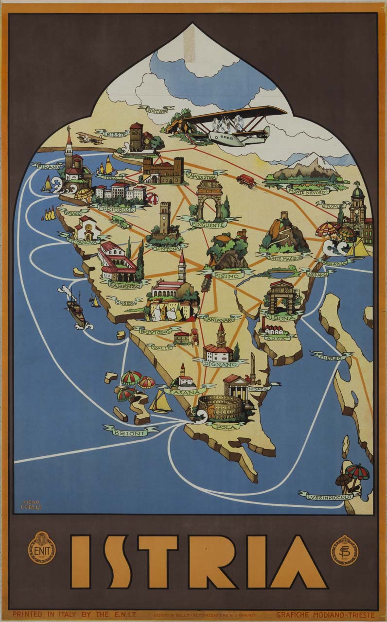 carta geografica della penisola dell'Istria, e parte superiore delle isole di Cherso e Lussino, vista attraverso una finestra ogivale, punteggiata dai monumenti delle principali città (manifesto) di Coelli Piero (sec. XX)