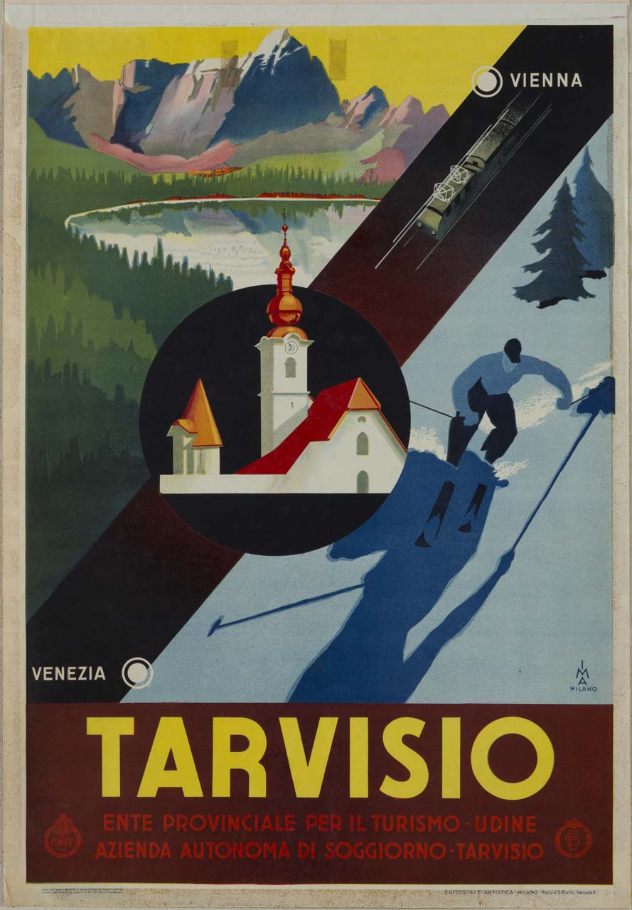 entro tondo la Chiesa dei Santi Pietro e Paolo, attraversata dalla linea ferrvoiaria Venezia-Vienna; nella parte superiore uno dei laghi intorno a Tarvisio, in quella inferiore uno sciatore in discesa (manifesto) di IMA - Idea Metodo Arte (sec. XX)