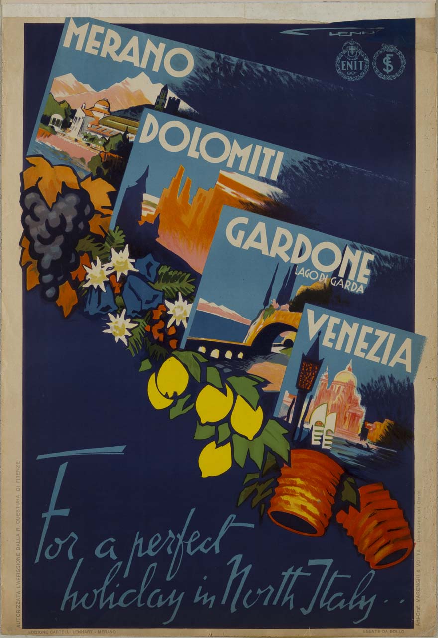 quattro immagini entro quadrati di località turistiche del Nord Italia, unite dai prodotti tipici e simboli locali: uva, stelle apline e genziane, limoni e lanterne (manifesto) di Lenhart Franz (sec. XX)