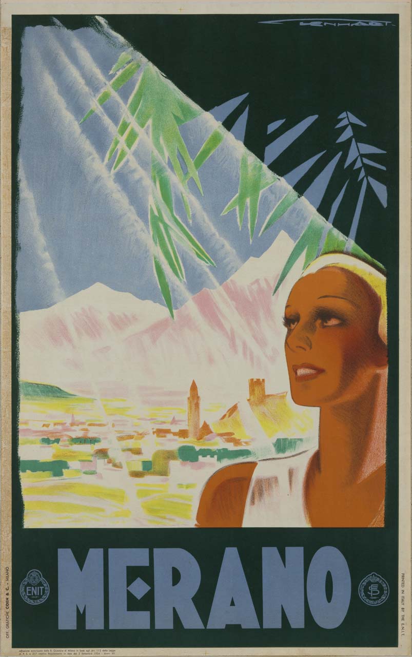 un viso di donna illuminato da un raggio di sole sotto le fronde di un albero; sullo sfondo la città di Merano (manifesto) di Lenhart Franz (sec. XX)