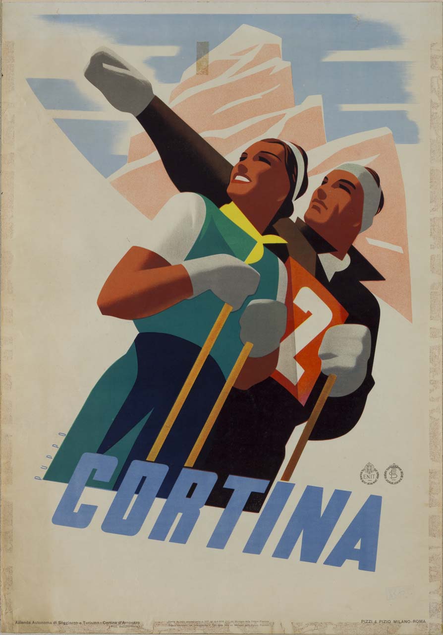 uno sciatore indica con il braccio proteso un punto in lontananza ad una sciatrice; sullo sfondo il massiccio delle Tofane (manifesto) di Puppo Mario (sec. XX)