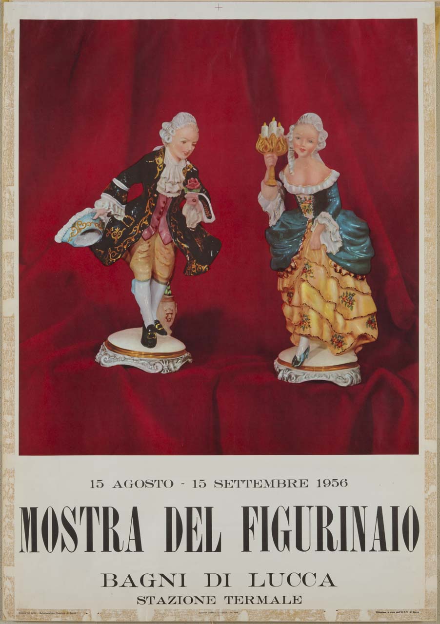 statuette policrome da dama e gentiluomo in vesti settecentesche (manifesto) - ambito italiano (sec. XX)