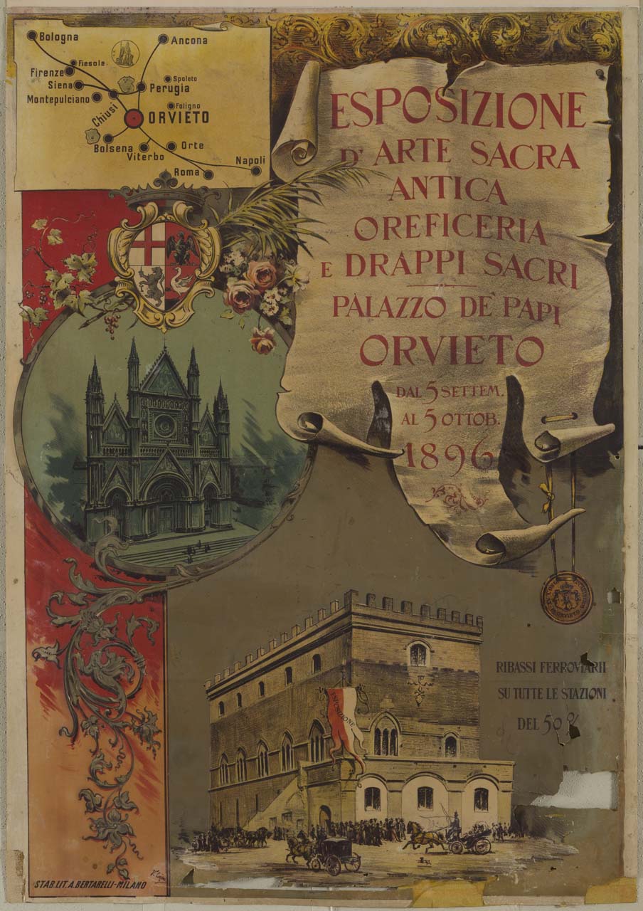 Palazzo dei Papi e Duomo di Orvieto con schema di rete ferroviaria, cartiglio e medaglia (manifesto) di Cajani Vittorio (sec. XIX)