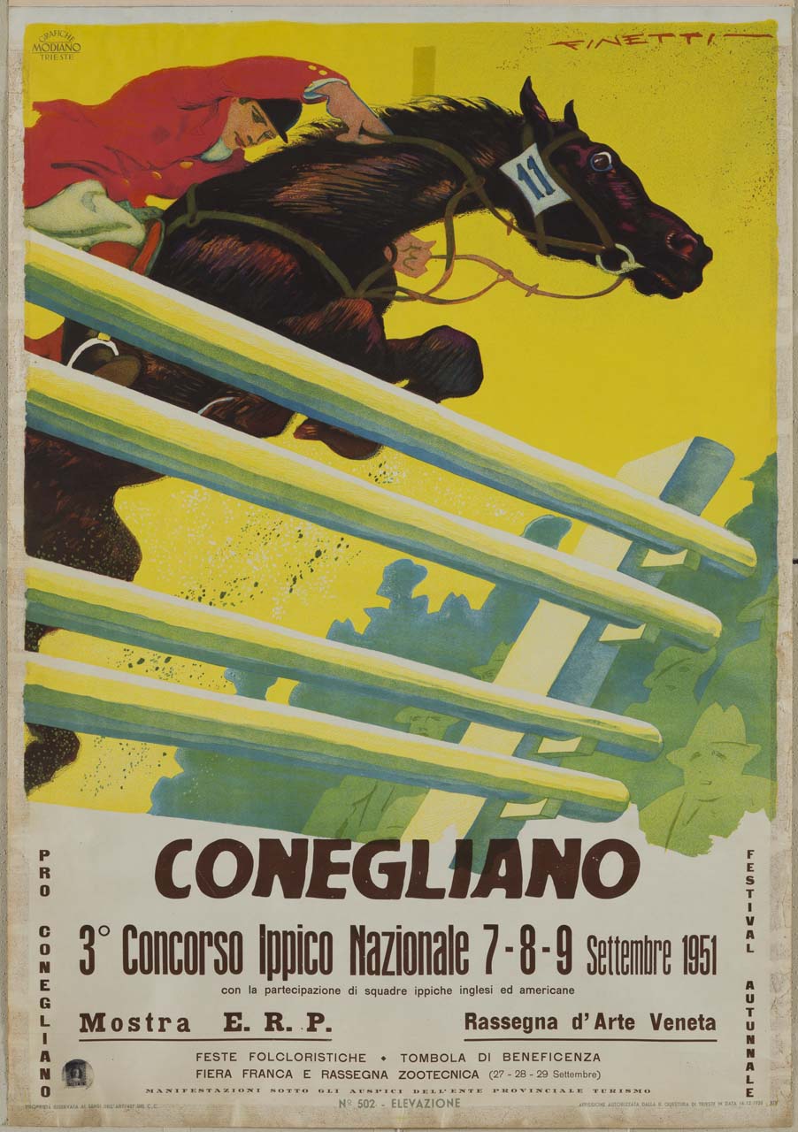 fantino in salto su staccionata (manifesto) di De Finetti Gino (sec. XX)