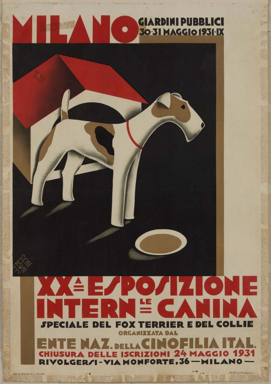 fox terrier davanti alla cuccia con ciotola (manifesto) di Paschi Ottorino detto Schipani (sec. XX)