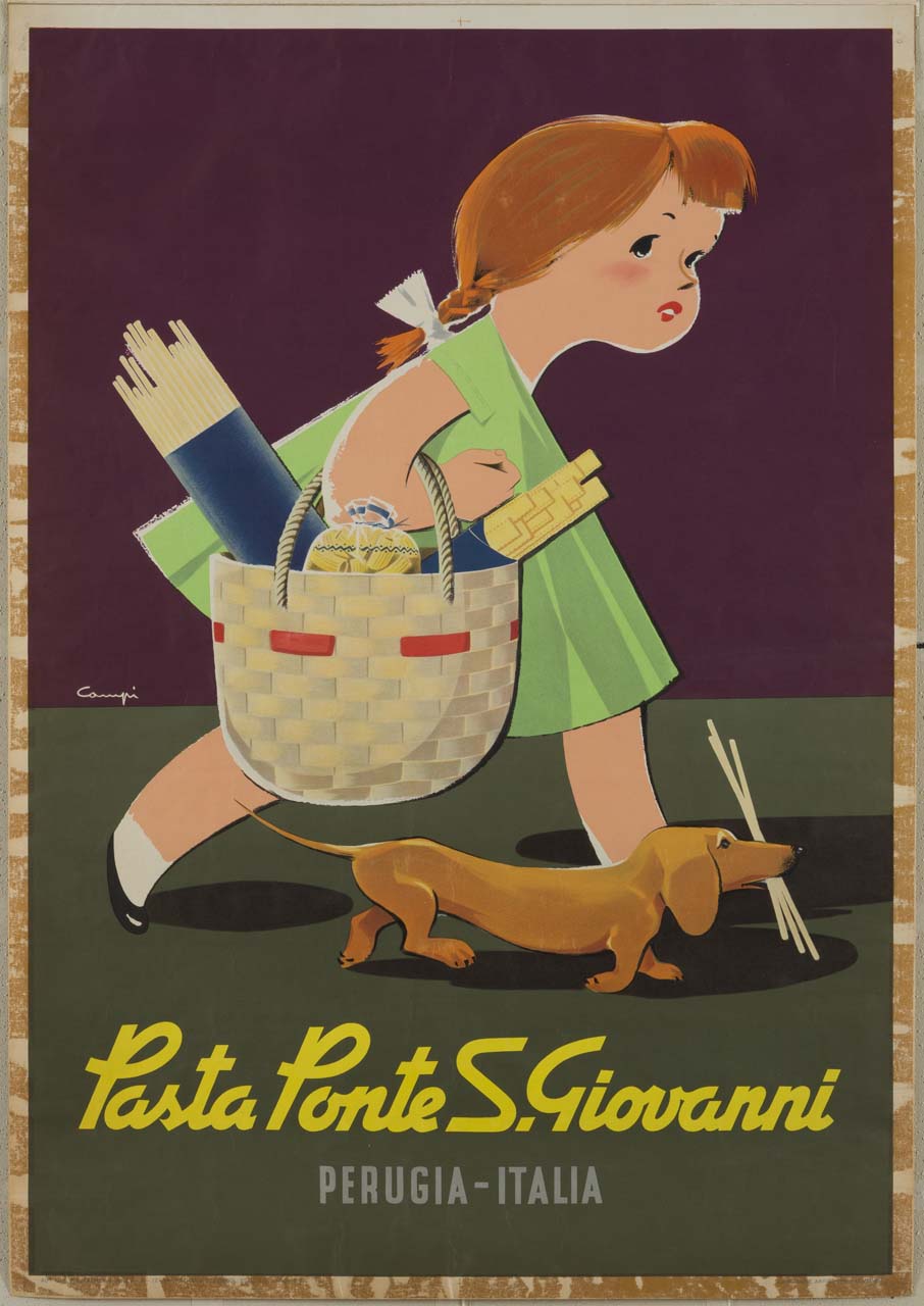 bambina con paniere pieno di pasta di vari formati, accompagnata da un cane che tiene in bocca una manciata di spaghetti (manifesto) di Campi Serafino (sec. XX)