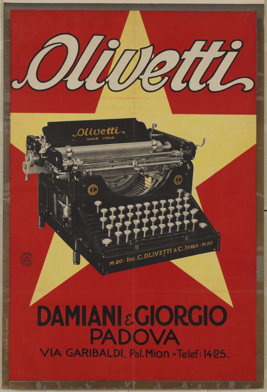 macchina da scrivere Olivetti modello M. 20; sullo sfondo stellone giallo a cinque punte (manifesto) - ambito italiano (sec. XX)