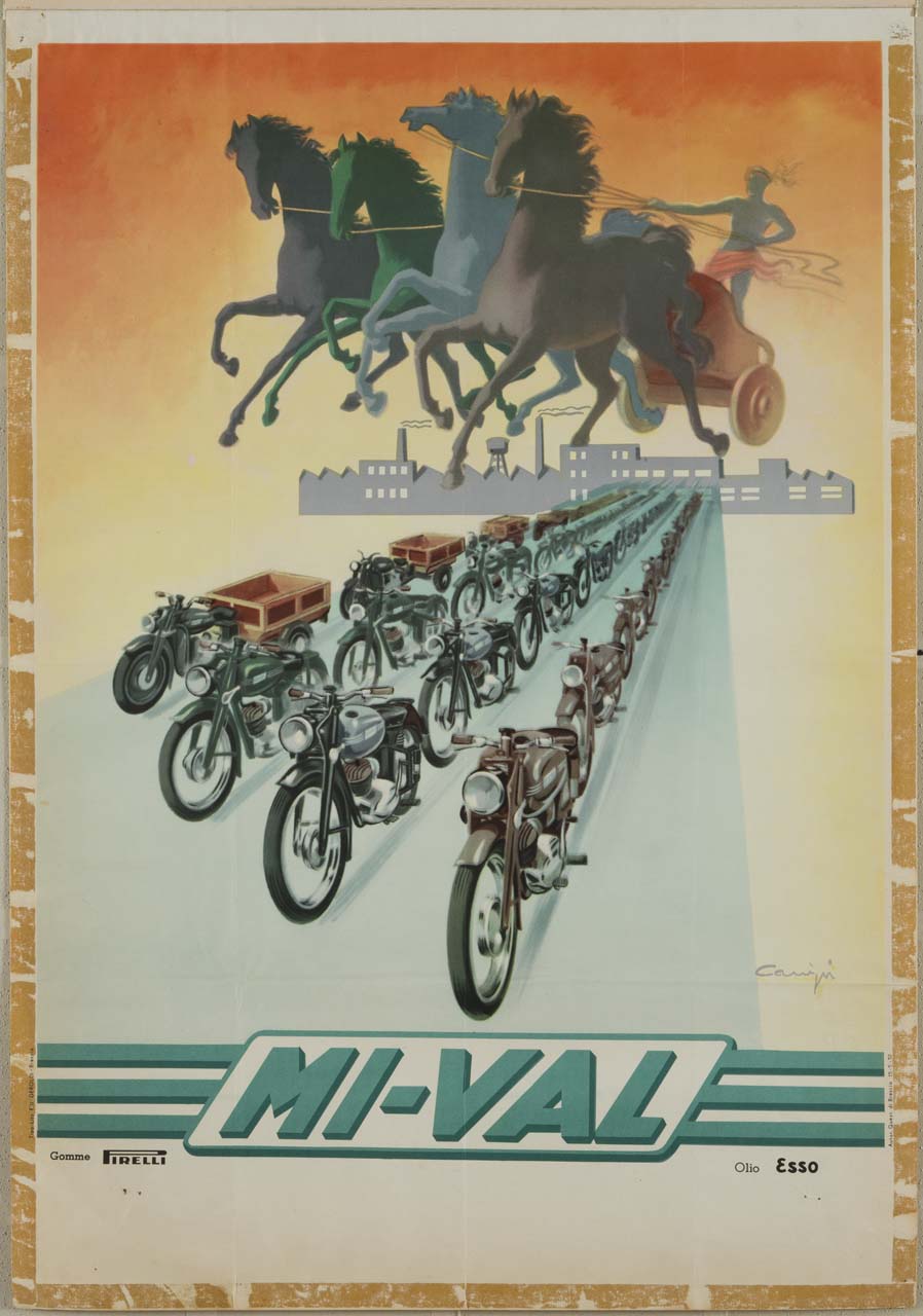 quadriga di cavalli al galoppo e quattro file di motociclette e motocarri; sullo sfondo una fabbrica con ciminiere (manifesto) di Campi Serafino (sec. XX)