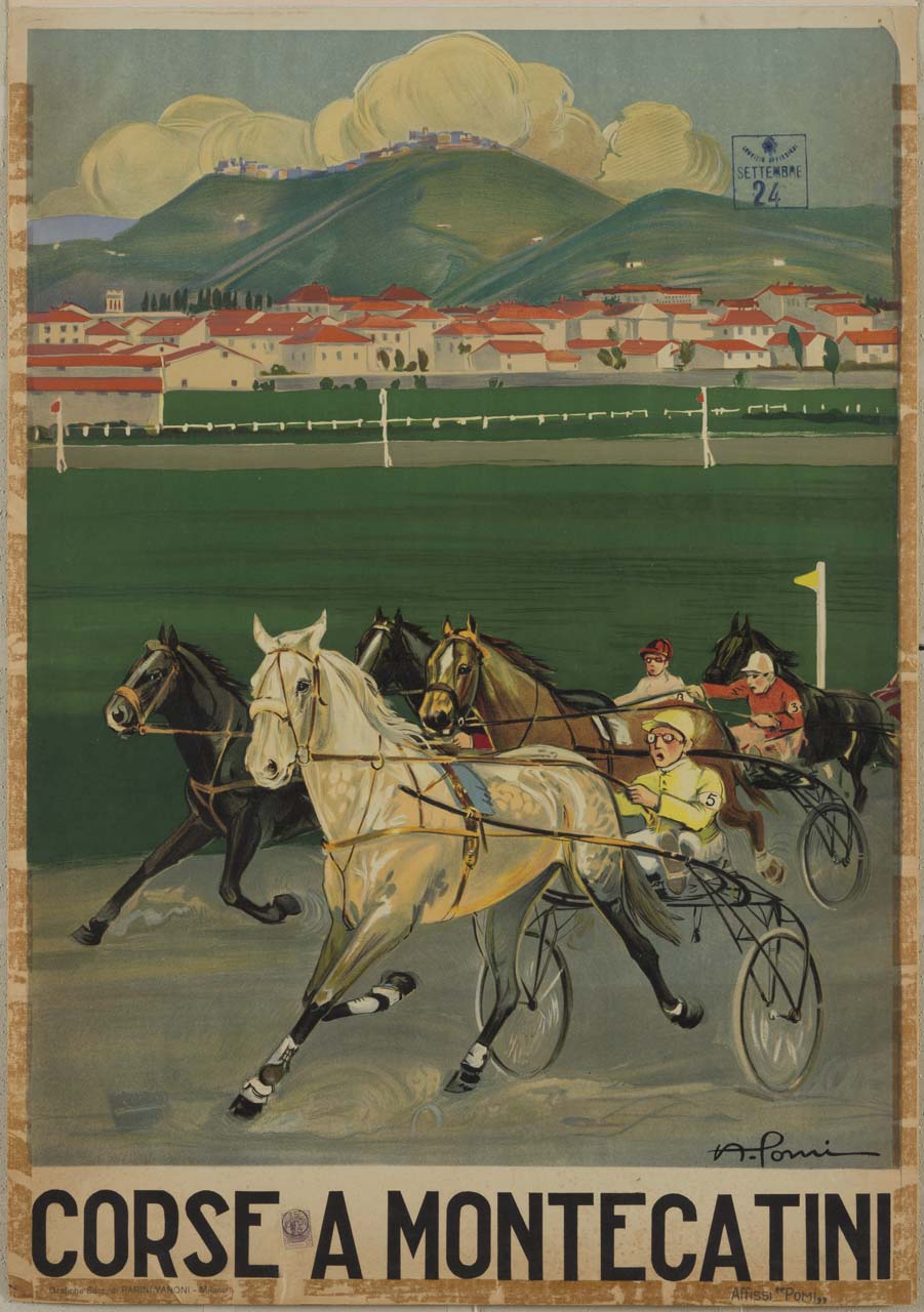 corsa dei cavalli con driver; veduta di Montecatini (manifesto) di Pomi Alessandro (sec. XX)