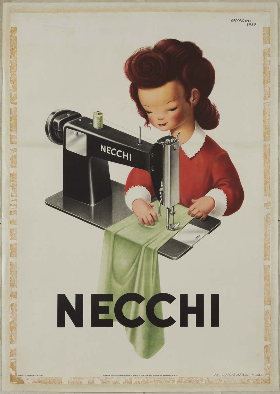 ragazza cuce con macchina da cucire una pezza di stoffa verde (manifesto) di Cavadini Alfredo (sec. XX)
