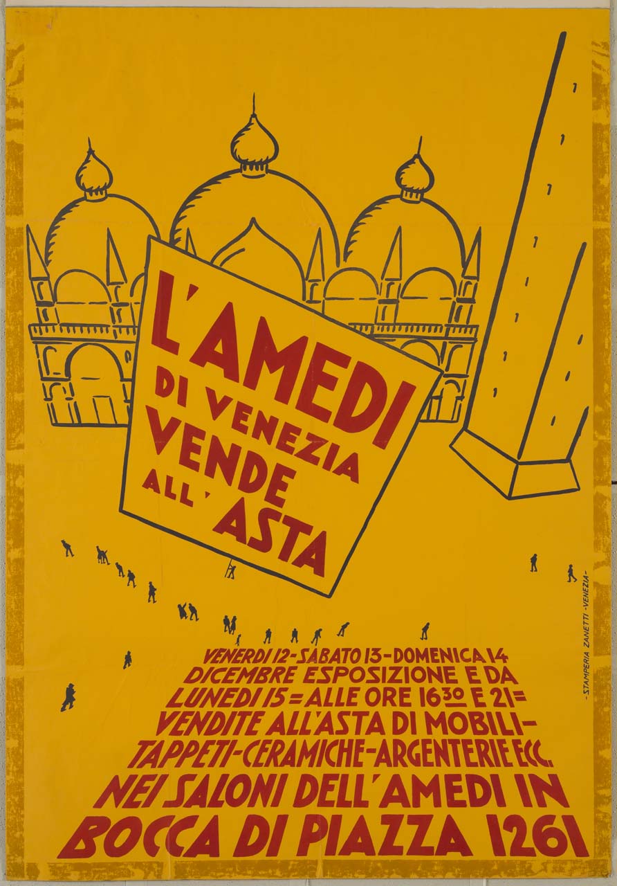uomo pianta un cartellone in Piazza San Marco a Venezia, di fronte alla Basilica, mentre dei passanti si fermano ad osservare (manifesto) - ambito italiano (sec. XX)