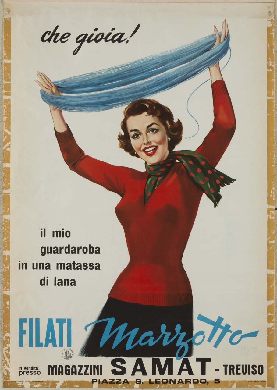 signora tiene in alto tra le mani una matassa di lana azzurra (manifesto) - ambito italiano (sec. XX)