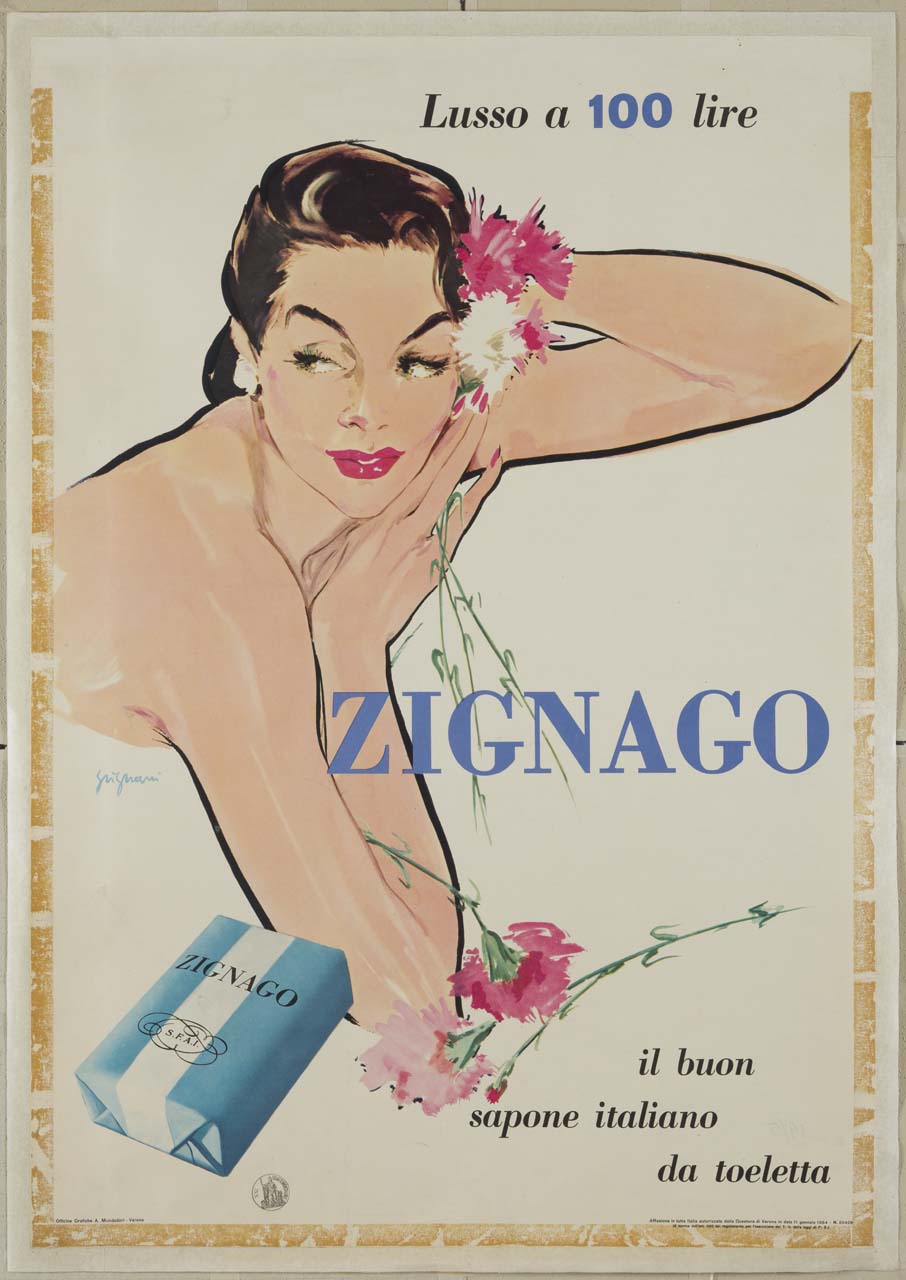 donna elegante e raffinata, con fiori tra i capelli. Alcuni fiori scivolano davanti a lei, vicino a una confezione di sapone (manifesto) di Grignani Franco (sec. XX)