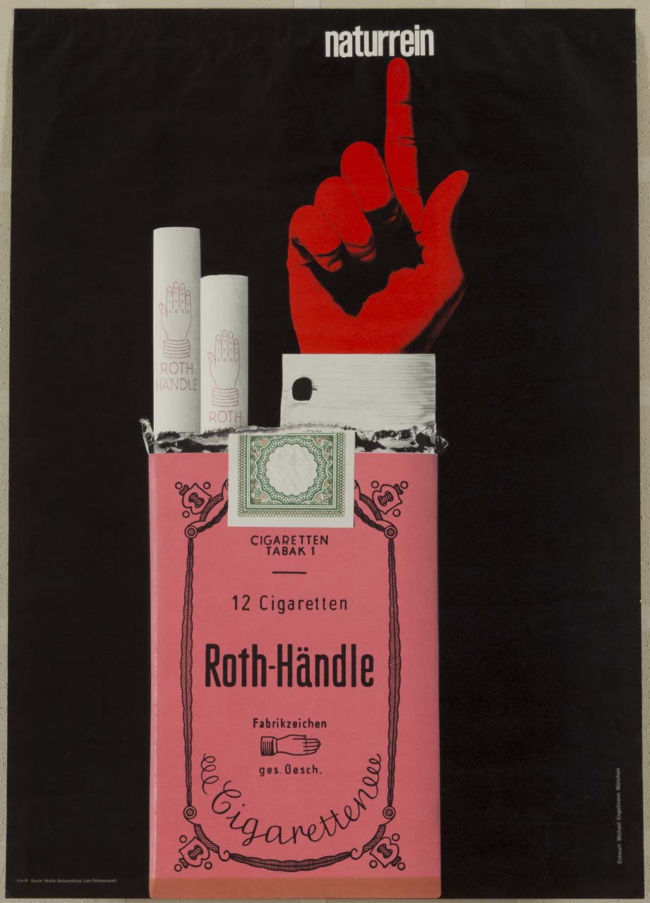 pacchetto di sigarette da cui fuoriescono due sigarette e una mano maschile rossa con polsino di camicia bianca (manifesto) di Engelmann Michael (sec. XX)