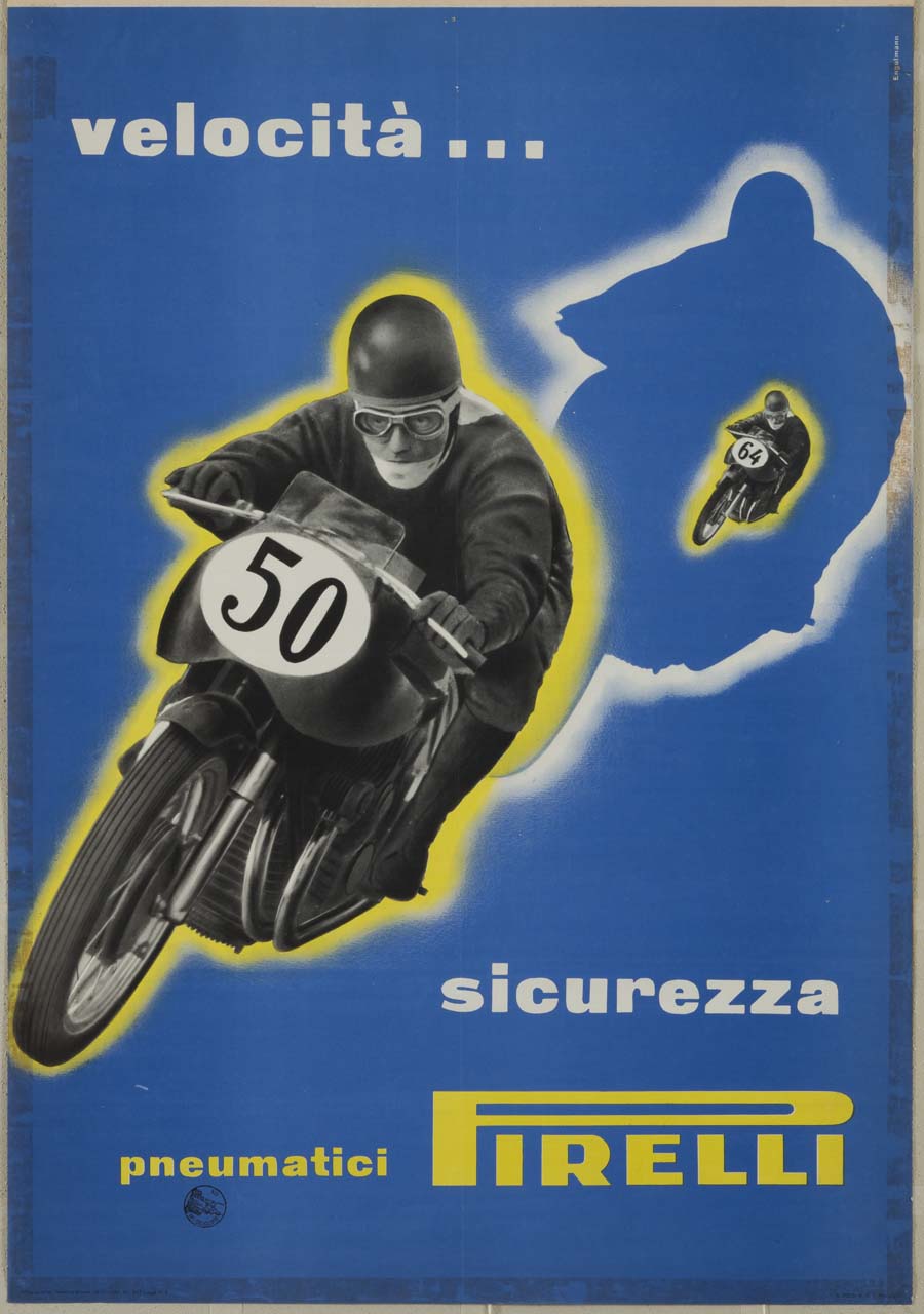 due motociclisti su motociclette si inseguono l'uno dietro l'altro; il primo lascia un'ombra contornata di luce dietro di sè (manifesto) di Engelmann Michael (sec. XX)