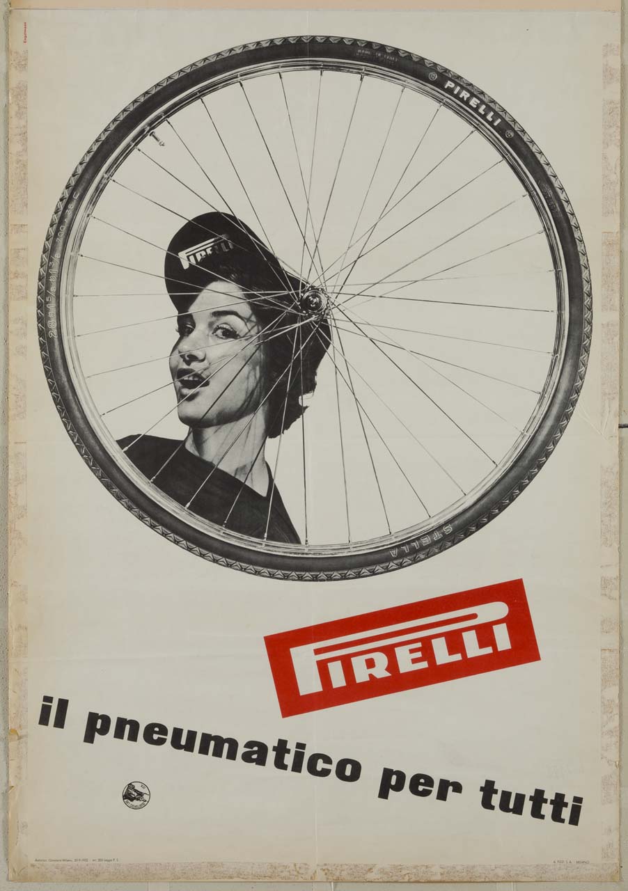 ruota di bicicletta e viso di donna con berrettino (manifesto) di Engelmann Michael - ambito italiano (sec. XX)