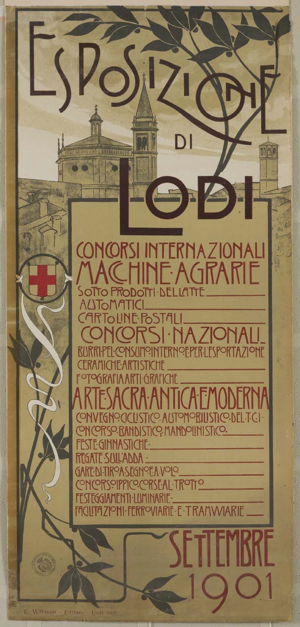 elenco dei concorsi, delle gare e dei prodotti che si esporrann; siullo sfondo il campanile della Cattedrale di Maria Assunta e il tamburo e il campanile del tempio civico della Beata Vergine Incoronata (manifesto) - ambito italiano (sec. XX)