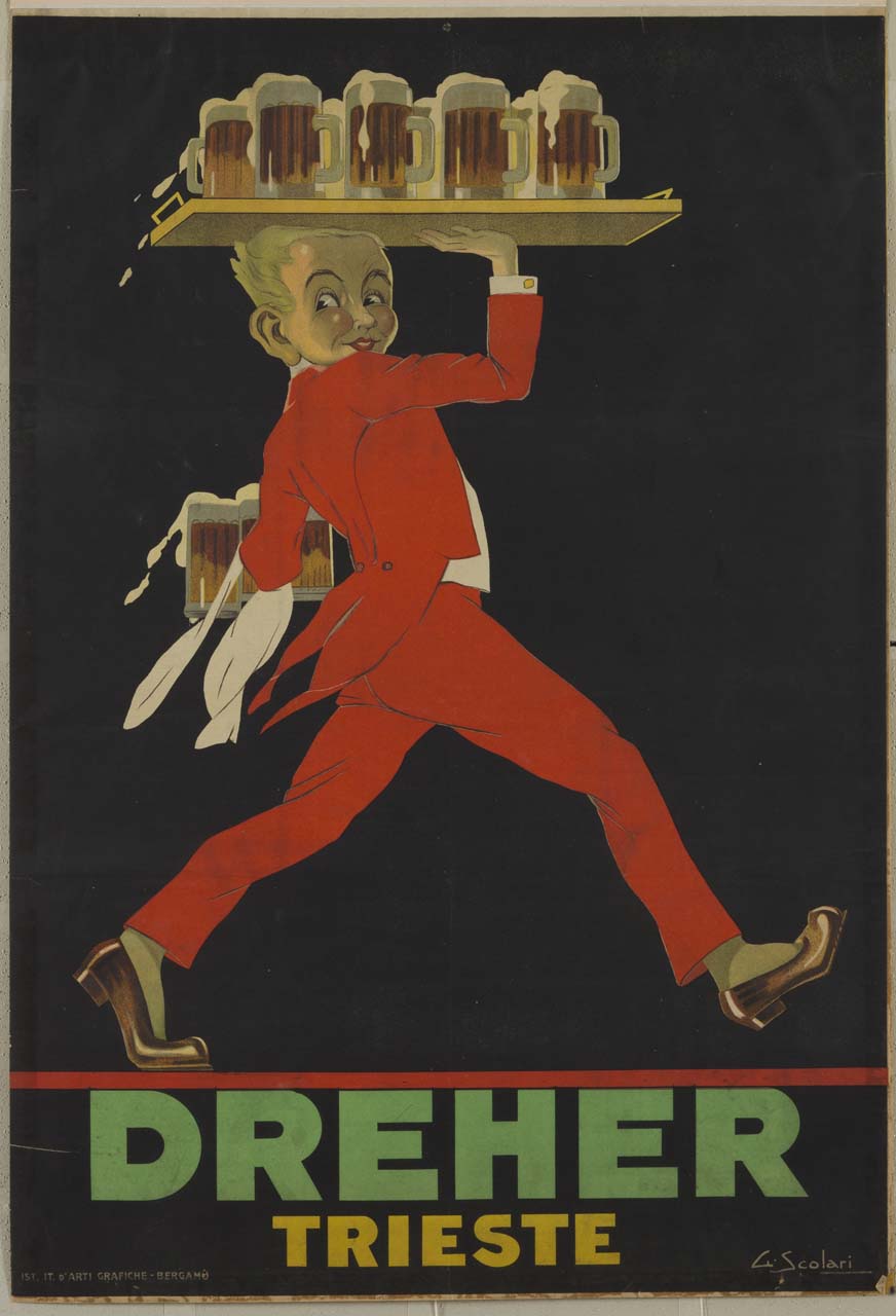 cameriere vestito di rosso porta su entrambi le mani boccali colmi di birra (manifesto) di Scolari Giovanni (sec. XX)