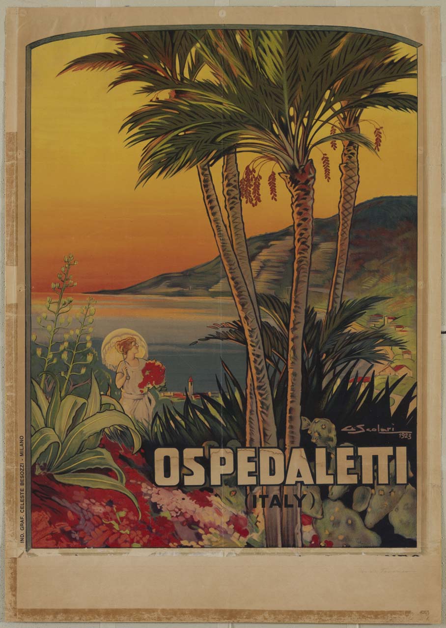 donna con ombrello parasole passeggia tra fiori e alberi rigogliosi; in lontananza si vede il mare, alcune colline e un paese (manifesto) di Scolari Giovanni (sec. XX)