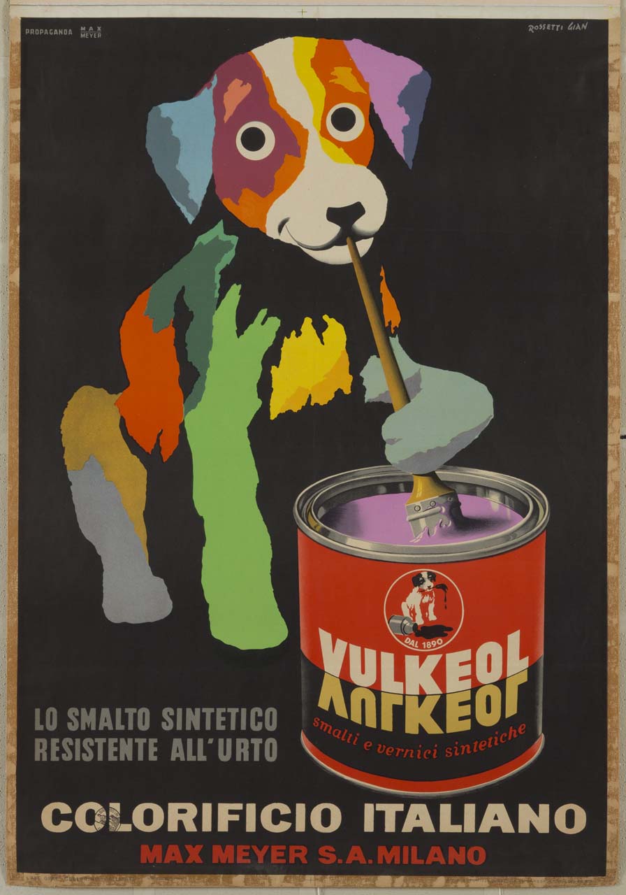 cucciolo di cane con in bocca un pennello immerso in un barattolo di colore (manifesto) di Rossetti Gian Carlo (sec. XX)