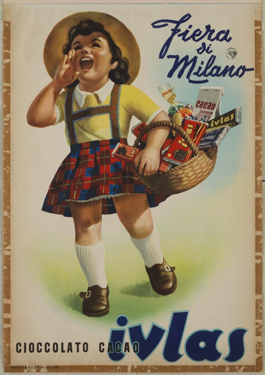 bambina con cappello di paglia e cestino pieno di prodotti di cioccolata cammina su un prato chiamando ad alta voce (manifesto) di Rossetti Gian Carlo (sec. XX)