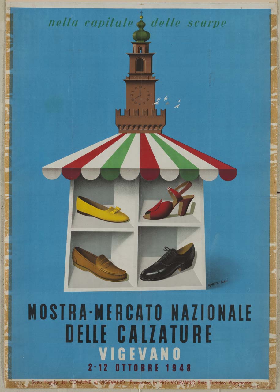 parte sommitale della torre del Castello della città; alla base vi è un banchetto espositivo coperto da tenda, con quattro tipi differenti di scarpe (manifesto) di Rossetti Gian Carlo (sec. XX)