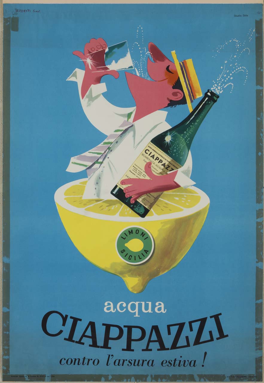 uomo esce da mezzo limone di Sicilia; con una mano tiene una bottiglia di acqua, con l'altra un bicchiere da cui beve (manifesto) di Rossetti Gian Carlo (sec. XX)