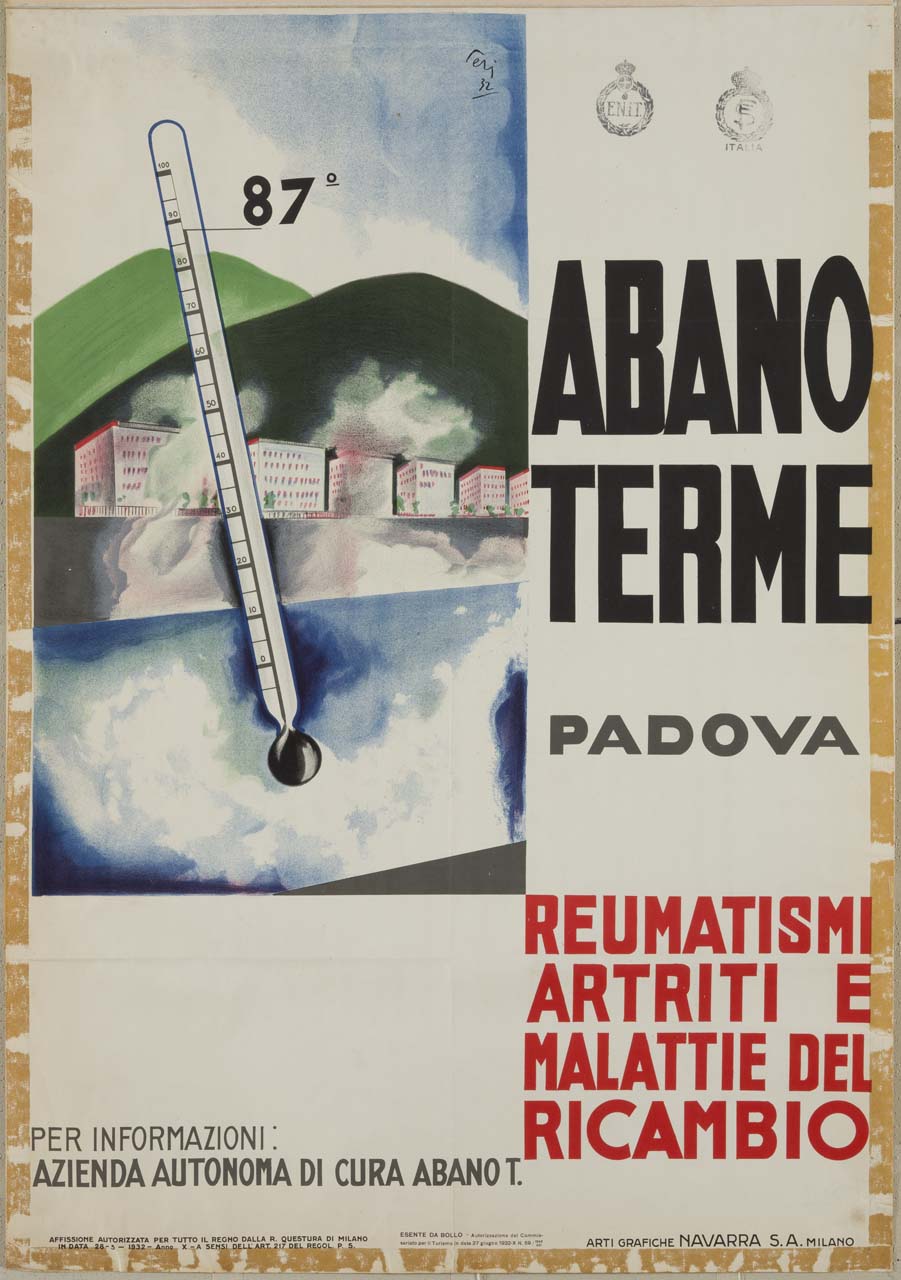 termometro indica la temperatura di 87° immerso in acqua sottostante a una fila di palazzi ; sullo sfondo le colline (manifesto) di Perissinotto Giorgio detto Peri (sec. XX)
