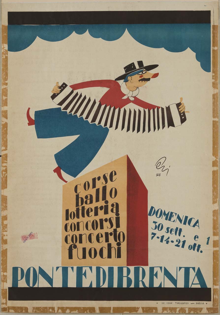 artista truccato da clown che suona l'organetto in equilibrio su un piedistallo (manifesto) di Perissinotto Giorgio detto Peri (sec. XX)