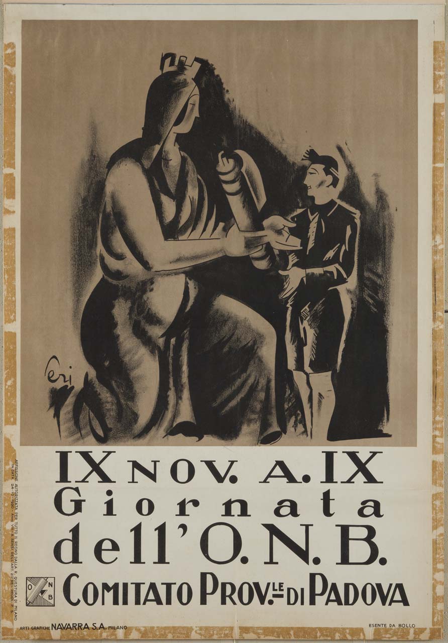 figura femminile con corona turrita consegna il fascio littorio a una figura maschile vestita da balilla (manifesto) di Perissinotto Giorgio detto Peri (sec. XX)