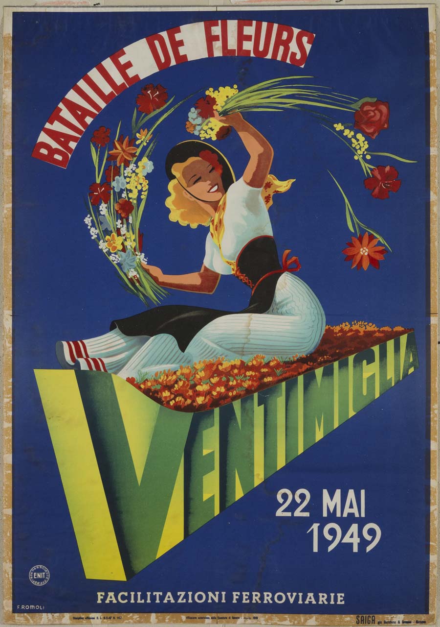 figura femminile con cappello seduta su tappeto di fiori lancia fiori dal mazzo che porta (manifesto) di Romoli Filippo (sec. XX)